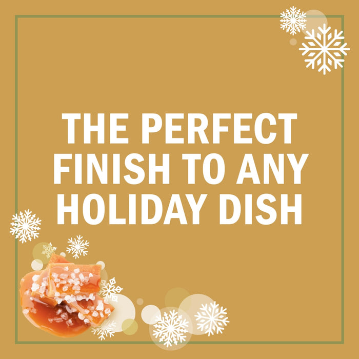White text on a gold background with snowflakes and caramel candy reads The perfect finish to any holiday dish.