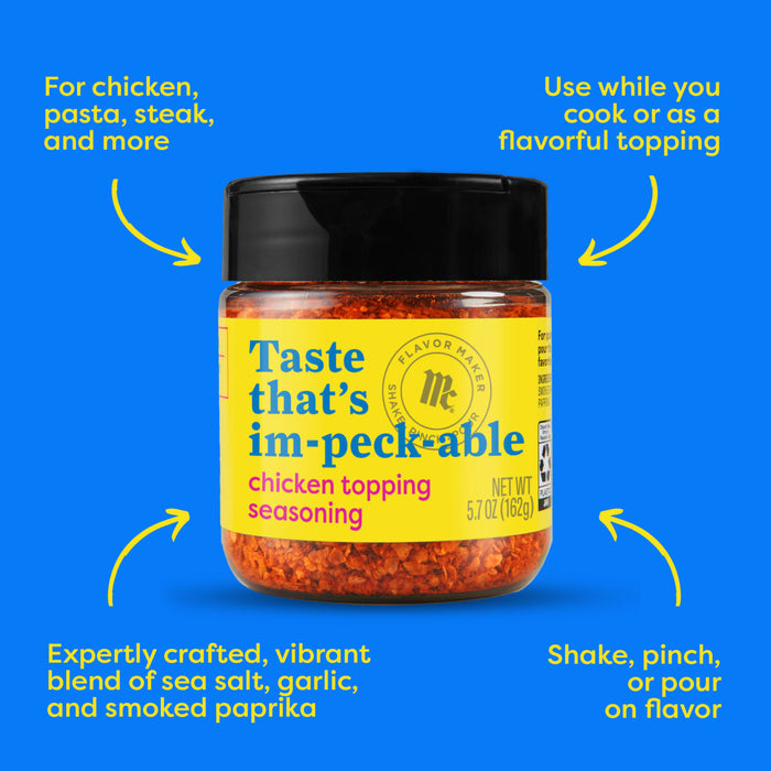 A jar of Flavor Makers im-peck-able chicken topping seasoning.