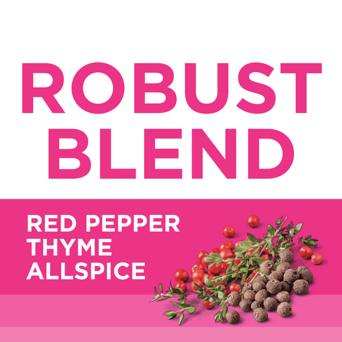 A pink background with the words Robust Blend in large pink letters and the words Red Pepper, Thyme, Allspice in white letters, with a sprig of thyme and red peppercorns below.