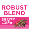 A pink background with the words Robust Blend in large pink letters and the words Red Pepper, Thyme, Allspice in white letters, with a sprig of thyme and red peppercorns below.