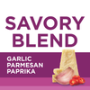 A graphic with the words Savory Blend and Garlic Parmesan Paprika with a picture of garlic, parmesan cheese, and red pepper slices.