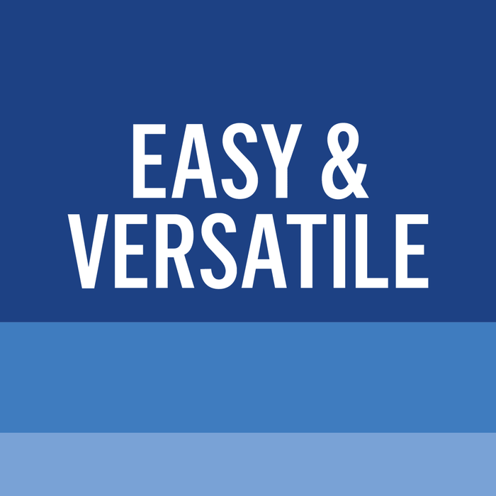 White text on a blue background that says Easy &amp; Versatile.