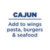Text indicating 'CAJUN' seasoning for wings, pasta, burgers, and seafood on a white background.