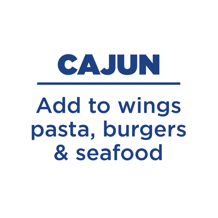 Text indicating 'CAJUN' seasoning for wings, pasta, burgers, and seafood on a white background.