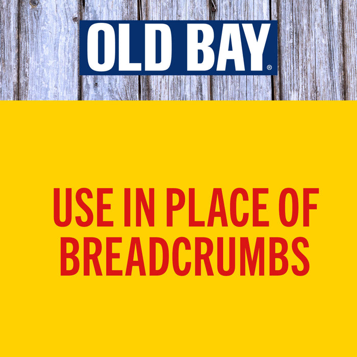 Old Bay logo with the text Use in place of breadcrumbs in red on a yellow background.
