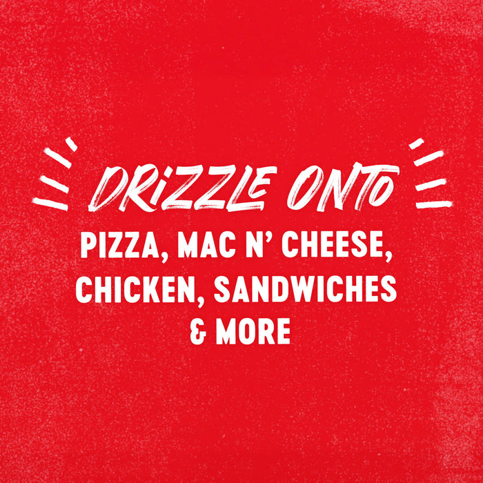 White text on a red background that reads DRIZZLE ONTO= PIZZA, MAC N CHEESE, CHICKEN, SANDWICHES &amp; MORE