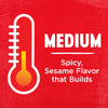 A white thermometer with a red background and the words Medium, Spicy, Sesame Flavor that Builds in white.