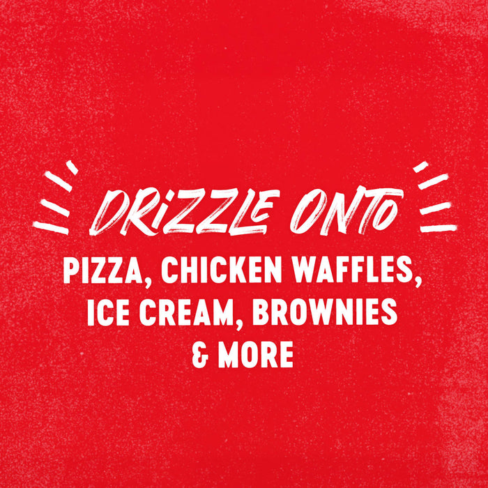 White text on a red background that says Drizzle onto pizza, chicken waffles, ice cream, brownies &amp; more.