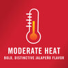 A white thermometer with a red and yellow bulb on a red background with the text Moderate Heat and Bold, Distinctive JalapeA?o Flavor in white.