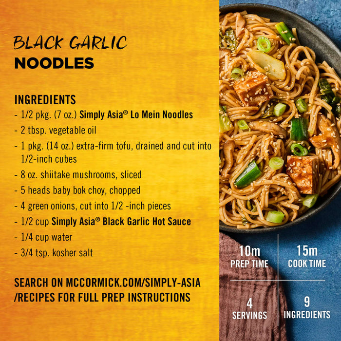 McCormick Simply Asia Black Garlic Noodles recipe with ingredients and a prepared dish.
