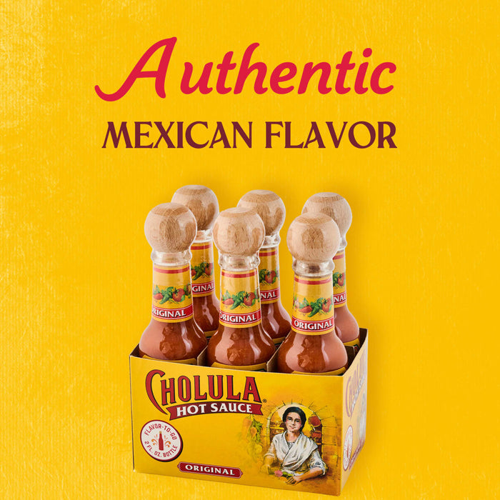 A six-pack of Cholula hot sauce bottles is displayed, emphasizing its authentic Mexican flavor.