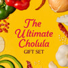 The image promotes The Ultimate Cholula Gift Set with a background of yellow and various peppers, onions, and garlic around the text.
