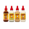 Four bottles of Cholula sauce are lined up against a white background, featuring the Chamoy Sweet &amp; Spicy, Cremosa Cilantro Lime, Cremosa Chipotle, and Cremosa Cotija Cheese flavors.