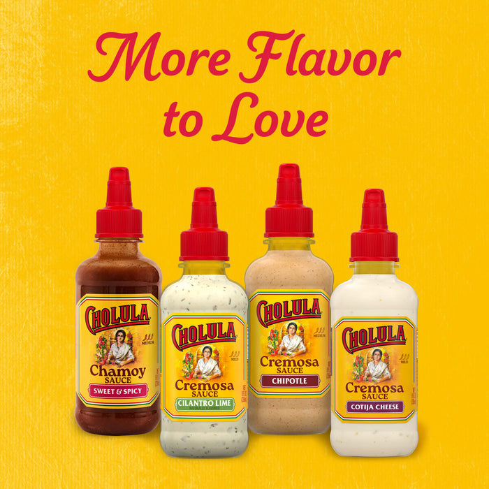 The Dtcchovpproductmessage showcases the latest Cholula products, featuring four new sauces: Chamoy, Cremosa Cilantro Lime, Cremosa Chipotle, and Cremosa Cotija Cheese, all against a yellow background.