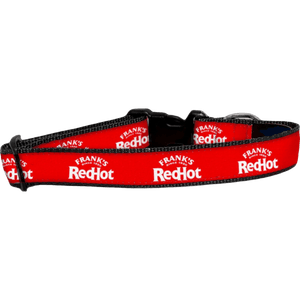 A dog collar with the Frank's RedHot logo printed on it.
