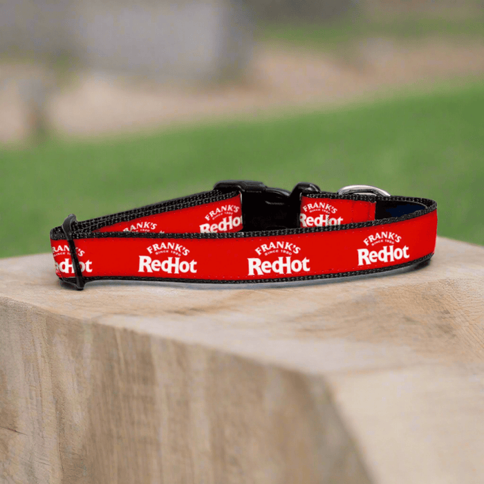 A Frank's RedHot dog collar is displayed on a wooden surface.