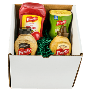 A gift box containing French's ketchup, mustard, and crispy fried onions.