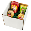 A gift box containing assorted bottles of Renette brand condiments, including ketchup, mustard, and relish.
