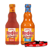 Two bottles of Frank's RedHot Wings sauce, one in a hot flavor and the other in a mild flavor, are displayed next to a Frank's RedHot dog collar.