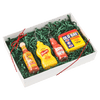 A gift box containing miniature bottles of Cholula hot sauce, French's mustard, Heinz ketchup, and a container of Old Bay seasoning.