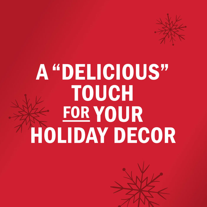 A red holiday-themed graphic with snowflakes and the text A DELICIOUS TOUCH FOR YOUR HOLIDAY DECOR.