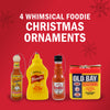 Four whimsical foodie Christmas ornaments featuring Cholula Hot Sauce, French's Mustard, Frank's RedHot Sauce, and Old Bay Seasoning.