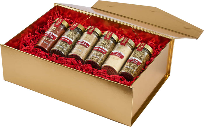 A gift box containing a selection of gourmet spices from a specialty food brand.