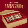 A gift box containing six exceptional herbs and spices is displayed, highlighting the product's variety and suitability as a present.
