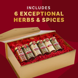 A gift box containing six exceptional herbs and spices is displayed, highlighting the product's variety and suitability as a present.