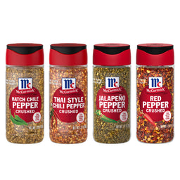 Four McCormick crushed pepper jars including Hatch Chile Thai Style Chili JalapeA?o and Red Pepper are displayed.