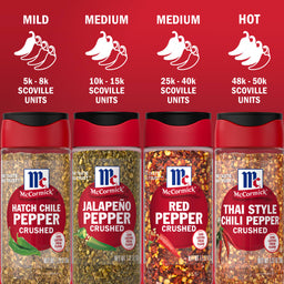 McCormicks crushed pepper product line ranging from mild Hatch Chile to hot Thai Style Chili with Scoville units indicated for each.