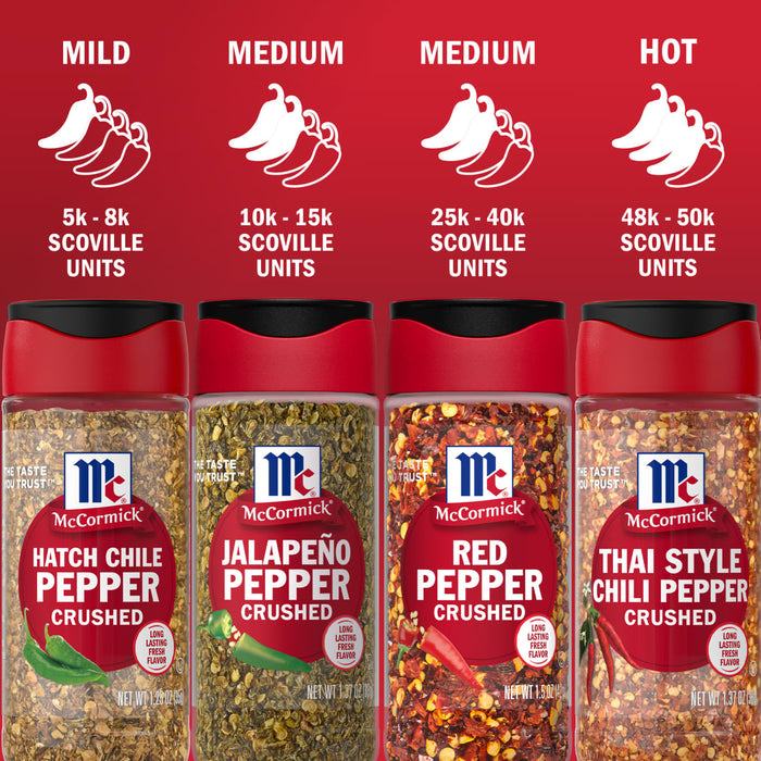 McCormicks crushed pepper product line ranging from mild Hatch Chile to hot Thai Style Chili with Scoville units indicated for each.