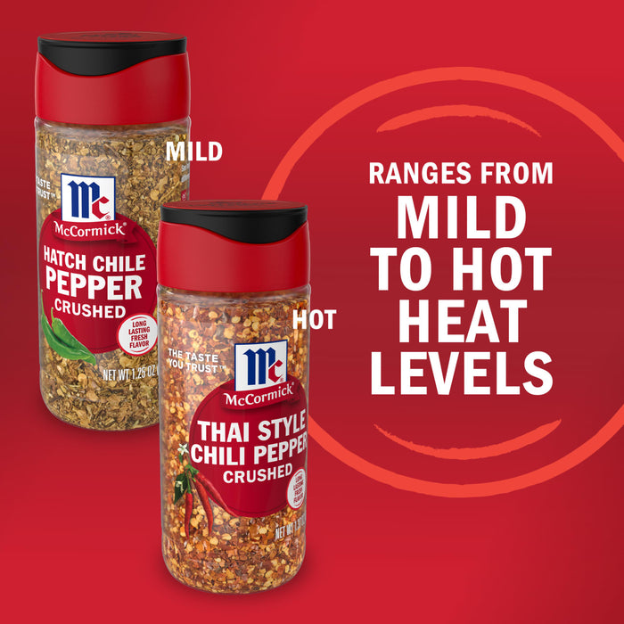 This image shows two McCormick crushed pepper products Hatch Chile Pepper for mild heat and Thai Style Chili Pepper for hot heat levels.