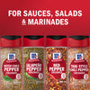 Four bottles of McCormick crushed pepper spices including hatch chile jalapeA?o red pepper and Thai style chili pepper are displayed with the text For Sauces Salads &amp; Marinades.