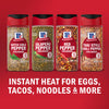Four McCormick crushed pepper varieties including Hatch Chile JalapeA?o Red Pepper and Thai Style Chili Pepper are displayed with the text Instant heat for eggs tacos noodles &amp; more.