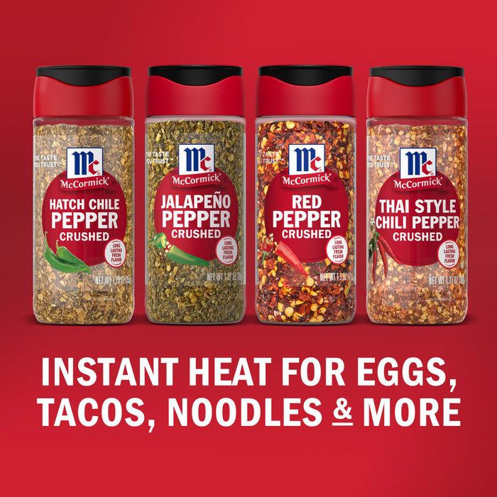 Four McCormick crushed pepper varieties including Hatch Chile JalapeA?o Red Pepper and Thai Style Chili Pepper are displayed with the text Instant heat for eggs tacos noodles &amp; more.