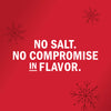 The image promotes a product with the message No salt, no compromise in flavor against a red background with snowflake illustrations.