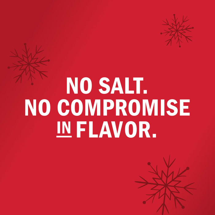 The image promotes a product with the message No salt, no compromise in flavor against a red background with snowflake illustrations.
