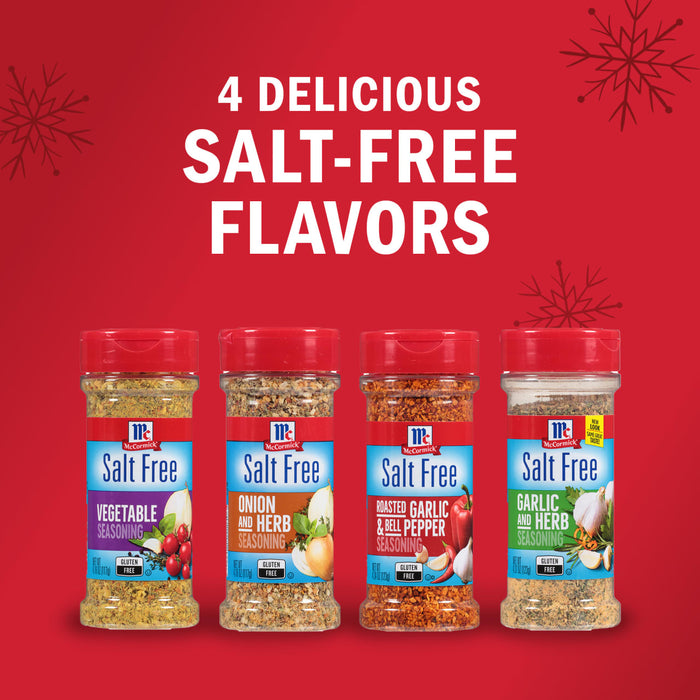 Four McCormick Salt-Free Flavors are displayed against a red background with snowflakes.