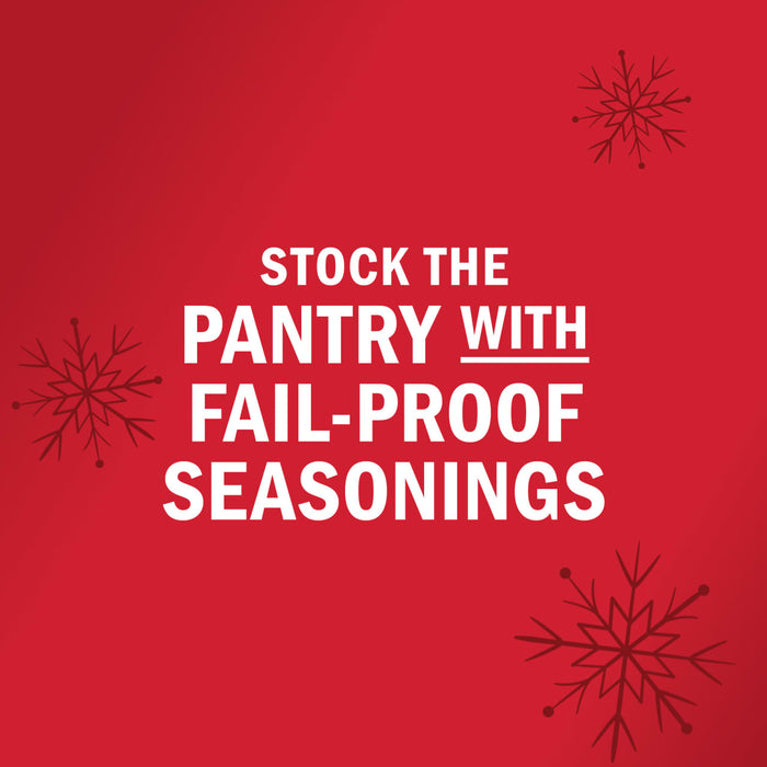 A festive red background with snowflakes encourages viewers to stock their pantry with fail-proof seasonings.