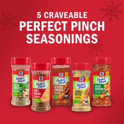 A festive display of five McCormick Perfect Pinch Seasonings.