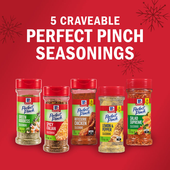 A festive display of five McCormick Perfect Pinch Seasonings.