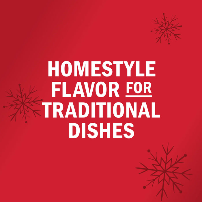 A red background with snowflakes and the text Homestyle Flavor for Traditional Dishes.