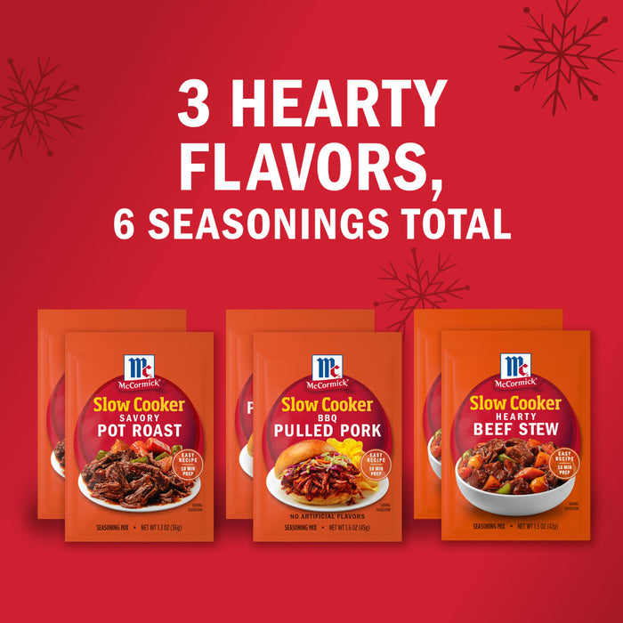 McCormick Slow Cooker Seasoning Mixes offer 3 hearty flavors with 6 seasonings total.