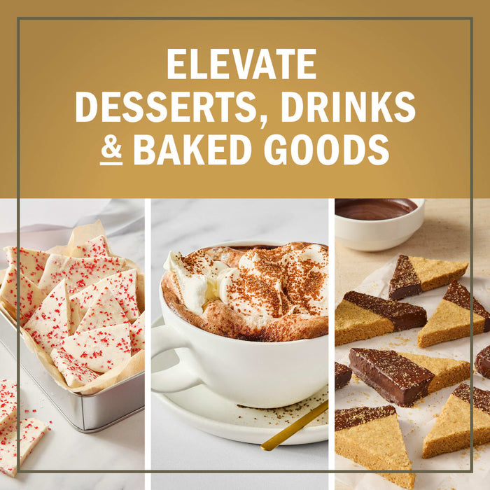 This image promotes the versatility of a product by showcasing its use in elevating desserts, drinks, and baked goods.