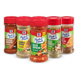 A collection of McCormick Perfect Pinch seasoning blends in various flavors, showcasing the brands range of spice options.