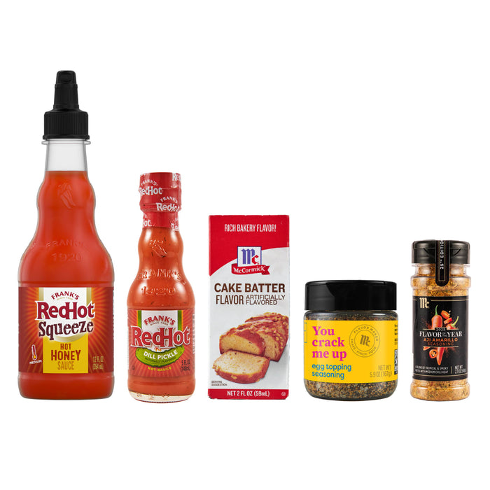 Franks RedHot hot sauce McCormick cake batter flavor McCormick you crack me up egg topping seasoning and McCormick 2025 Flavor of the Year Aji Amarillo seasoning.