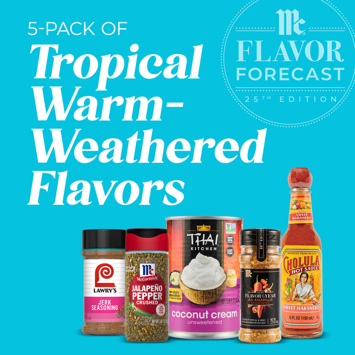McCormicks 5-pack of tropical warm-weathered flavors includes Jalapeno Pepper Crushed Jerk Seasoning Thai Kitchen Coconut Cream Flavor of the Year Aji Amarillo Seasoning and Sweet Habanero Hot Sauce.