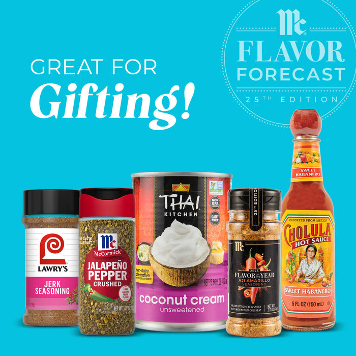 McCormick Lawry\s Thai Kitchen and Cholula products are shown on a blue background with the text Great for Gifting! and Mc Flavor Forecast 25th Edition.