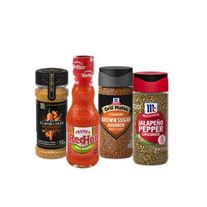 This image features a collection of McCormick and Franks RedHot seasonings and hot sauces including Aji Amarillo Seasoning Dill Pickle Hot Sauce Brown Sugar Bourbon Seasoning and JalapeA?o Pepper Crushed.